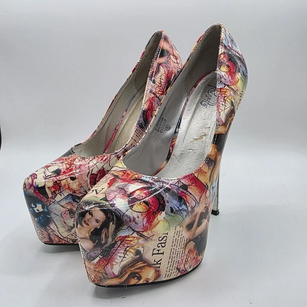 Rosette Platform Stiletto Heels 8 Magazine Collage Print Stripper Clubwear Elle